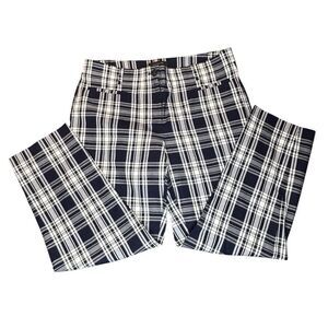 Ann Taylor Sz 8 Cotton Cropped Pants Navy Blue White Plaid Mid Rise Classic 0971